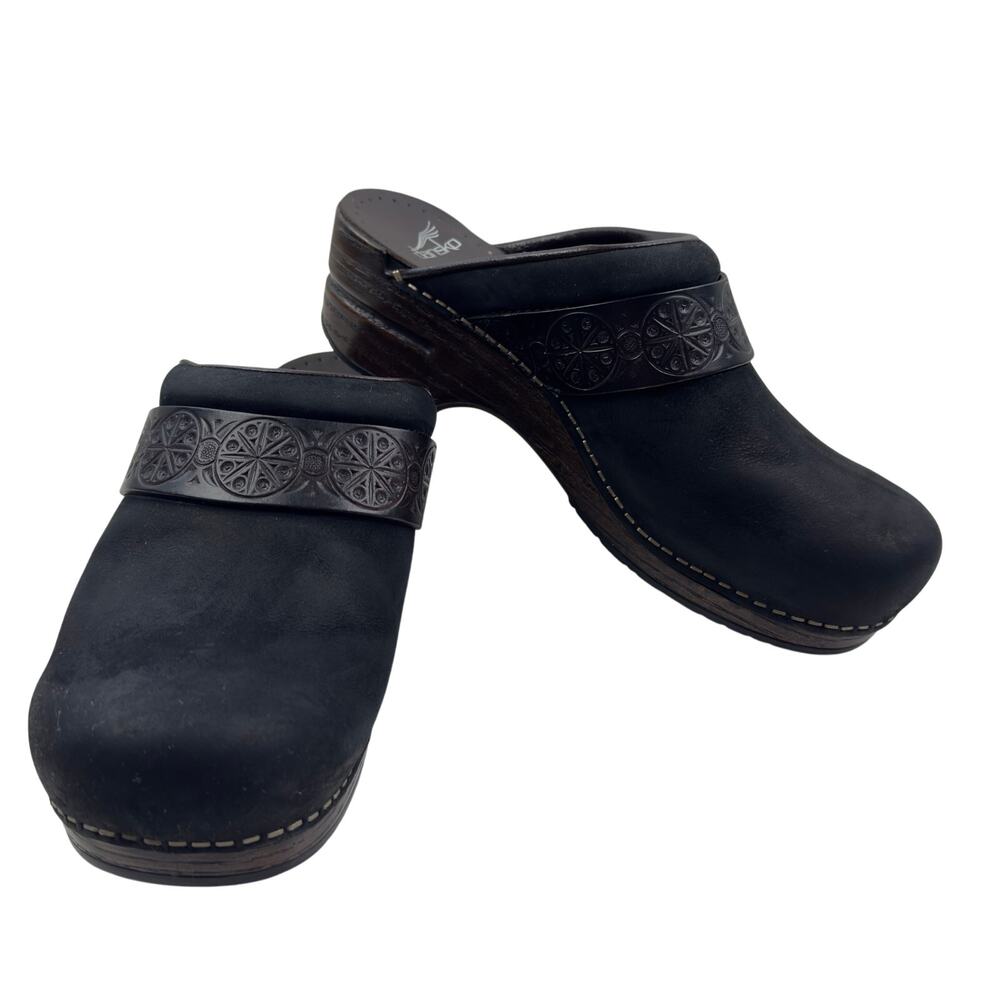 Dansko Saundra Black Embossed Leather Comfort Slip On Mules Women's 40/9.5-10